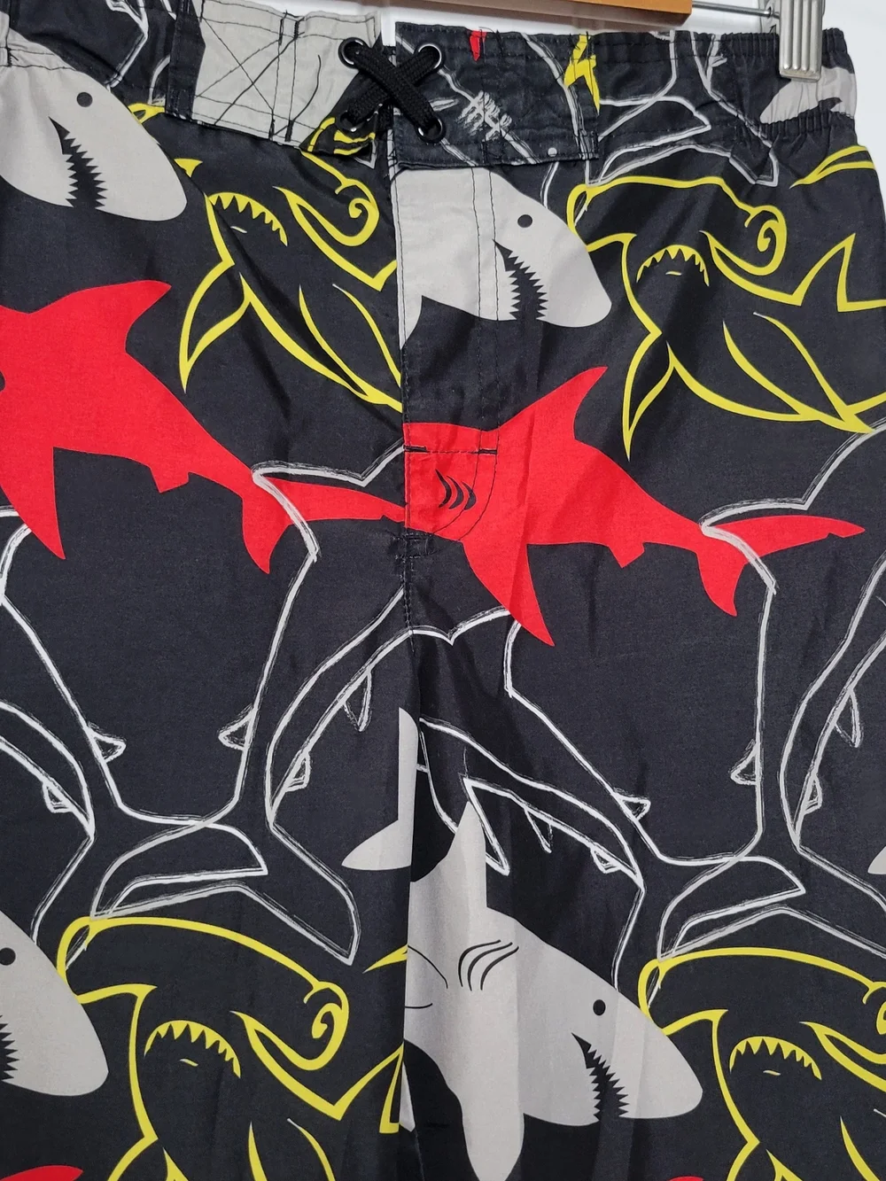 OP Boy's Black Shark Print Board Shorts with Red, Gray & Yellow